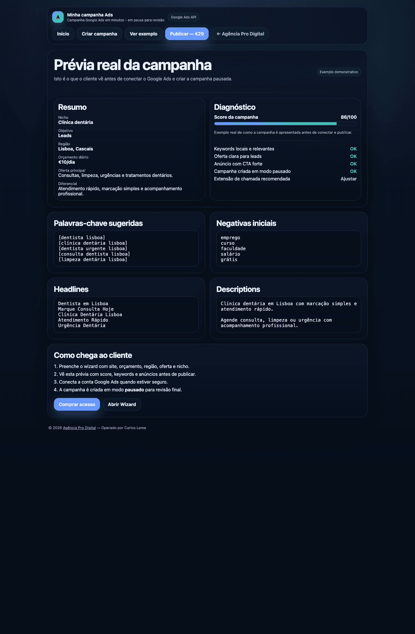 Screenshot real da construção demonstrativa da campanha com keywords e anúncios.