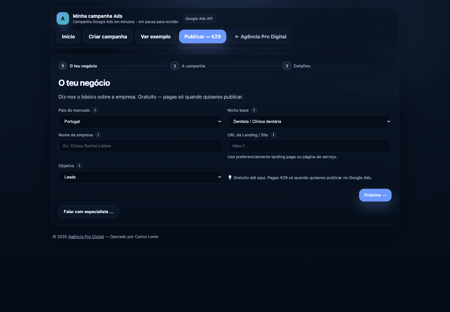 Screenshot real do formulário inicial do Minha Campanha Ads.