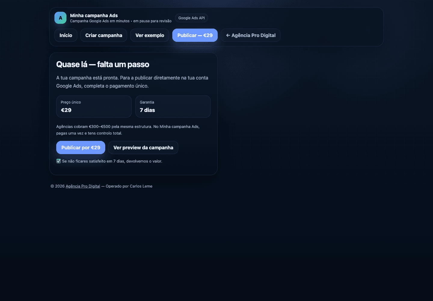 Screenshot real da etapa de ligação e publicação para Google Ads.
